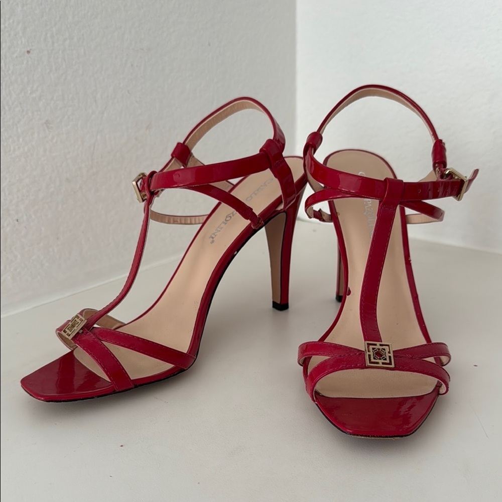 Carlo Pazolini, Red Leather T-Strap Heels with Stiletto, Size 39, 10”
